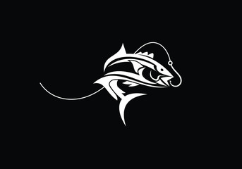 Fishing hook and silhouette of fish on a dark background for logo design