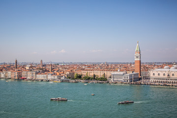 View of Venice and the Venetian lagoon from the bell tower of the Basilica of San Giorgio Maggiore....