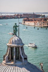 View of Venice and the Venetian lagoon from the bell tower of the Basilica of San Giorgio Maggiore. Venice, Veneto, Italy © Ilia Baksheev