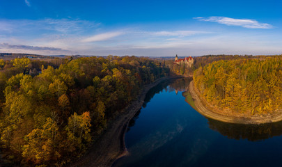Panoramic view on Czocha Castle, Poland. Drone photography.