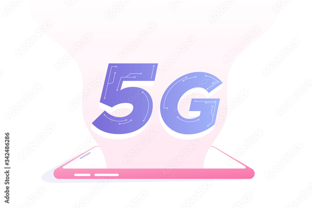 Poster 5g network wireless technology concept. a big 5g sign on smartphone device. high-speed mobile intern