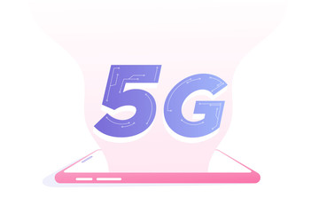 5G network wireless technology concept. A big 5G sign on smartphone device. High-speed mobile internet connection. New 5th generation of internet. Innovation. Isolated vector, web illustration