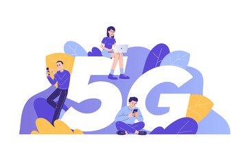 5G network wireless technology concept. People standing and sitting near big 5G sign and using smartphone gadgets. High-speed mobile internet connection. Innovation. Isolated vector, web illustration