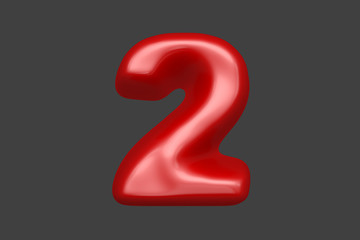 Red soft plastic font - number 2 isolated on grey background, 3D illustration of symbols