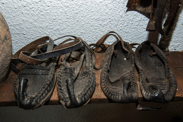 Old Authentic traditional balkan leather shoe. Serbian peasant shoe (Opanci: serbian)