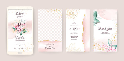Fototapeta na wymiar Electronic wedding invitation card template set with watercolor and gold floral. Flowers illustration for social media stories, save the date, greeting, rsvp, thank you
