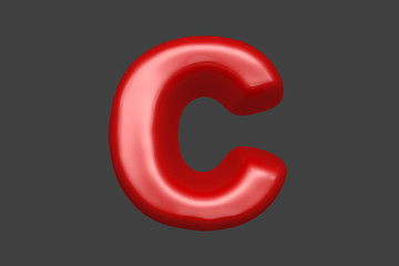 Red soft plastic alphabet - letter C isolated on grey background, 3D illustration of symbols