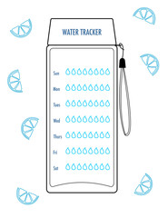 Water tracker. Hydration Tracker Bullet Journal Printable. Weekly Planner. Page from health journal. Doodle style. 7 day Planner