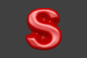 Red plastic alphabet - letter S isolated on grey background, 3D illustration of symbols
