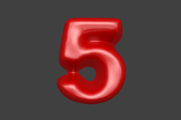 Red soft plastic font - number 5 isolated on grey background, 3D illustration of symbols
