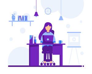 Work at home, illustrate the concept. Young people, casual workers who work with laptops and computers at home. Vector illustration of flat style