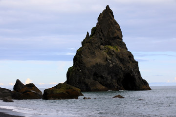 Vik / Iceland - August 15, 2017: Staks at Vik beach, Iceland, Europe