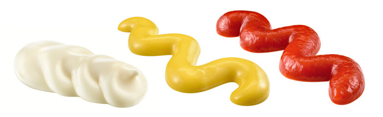 Mayonnaise, mustard, ketchup isolated. Mayo swirl, mustard condiment, tomato sauce  on white...