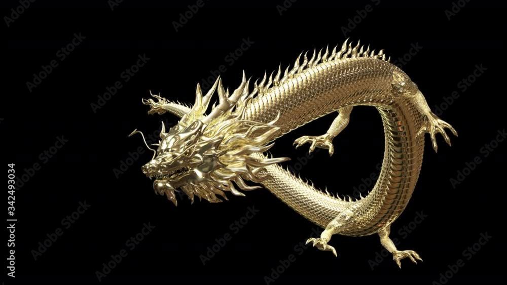 Wall mural 3d animation gold chinese dragon move pass camera with 3d rendering animation include alpha path.