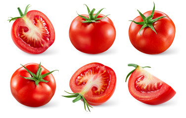 Tomatoes isolated. Tomato whole, cut, half, slice on white. Tomato with clipping path. Tomato set. - obrazy, fototapety, plakaty
