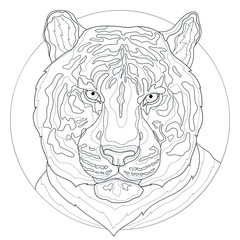Tiger.Coloring book antistress for children and adults. Illustration isolated on white background.Zen-tangle style. Black and white drawing.