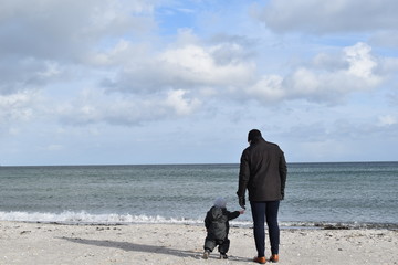 Daughter reaching for fathers hand at the beach - love