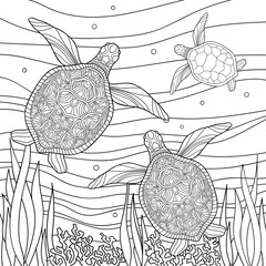 Family of turtles with small patterns in underwater world with corals and algae on white isolated background. Sea hand drawn illustration. For kids and adults coloring book pages.