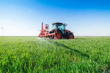 Tractor spraying wheat in field