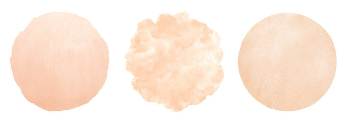 Skin, body, foundation color watercolor circle shapes set. Natural rose beige, light brown round backgrounds with watercolour stains. Painted text frames. Hand drawn abstract aquarelle fill, texture.