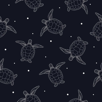 Light hand drawn simple turtles with white dots on black background. Seamless animal sea pattern.