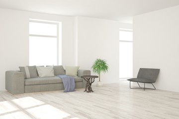 White living room with sofa. Scandinavian interior design. 3D illustration