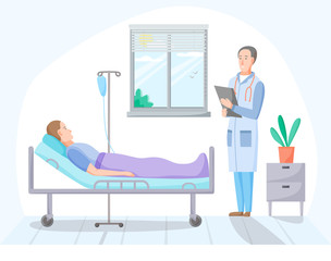 Patient and doctor in hospital room, person on intravenous therapy treatment in ward, ill men on recovery in clinic, healthcare concept, vector