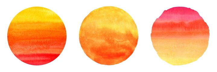 Colorful watercolor circles set, hand drawn collection. Orange, red, yellow round painted sun shapes isolated on white background. Sunset, sunrise with watercolour stains. Fire, flame, tropical colors