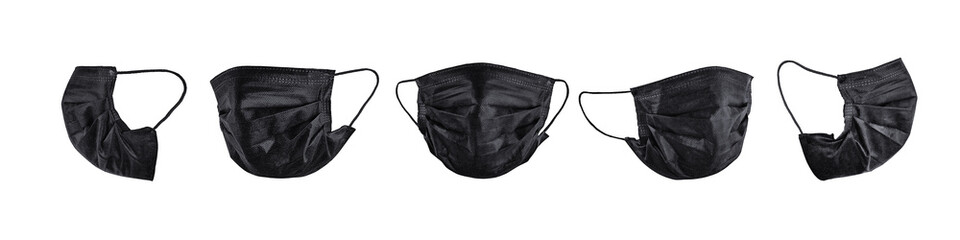Set of black face masks in different views isolated with clipping path