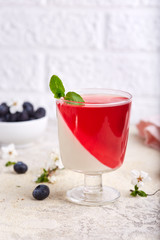 Layered dessert in glass with blueberry jelly and vanilla panna cotta