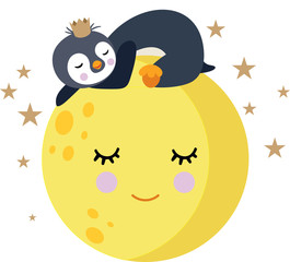 Little penguin sleeping on top of cute moon