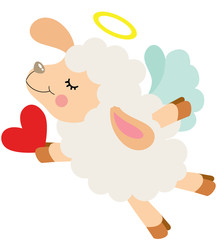 Cute cupid lamb flying holding a heart
