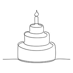 Continuous line drawing. Tiered birthday cake with candle. Symbol of celebration. Black isolated on white background. Hand drawn vector illustration. 