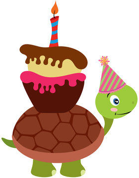 Cute Turtle Carrying A Birthday Cake

