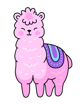 Kawaii pink alpaca. Cute llama. Simple vector illustration.