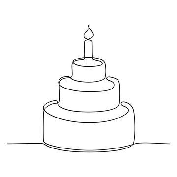 Continuous line drawing. Tiered birthday cake with candle. Symbol of celebration. Black isolated on white background. Hand drawn vector illustration. 