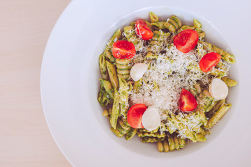 Pasta with bears garlic pesto, top view