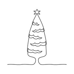 Continuous line drawing. Fir-tree. Christmas tree. Black isolated on white background. Hand drawn vector illustration. 