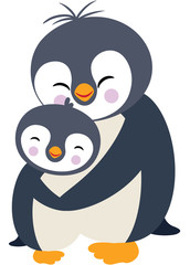 Mum penguin hugging her son
