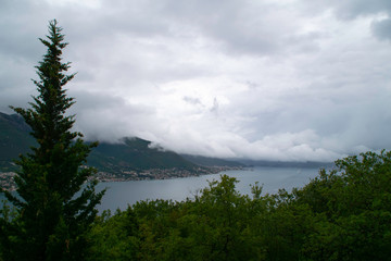 Before the storm - White clouds covered the mountains and the Bay of Kotor, Montenegro.