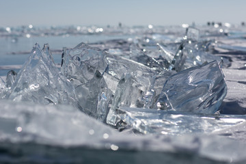 Beautiful clear ice of Lake Baikal on a sunny day