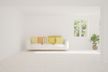 White living room with sofa. Scandinavian interior design. 3D illustration