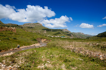 Abandoned village overlooking Mount Elbrus. Old house and amazing nature