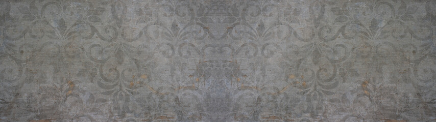 Old gray vintage shabby patchwork tiles stone concrete cement wall texture background banner 