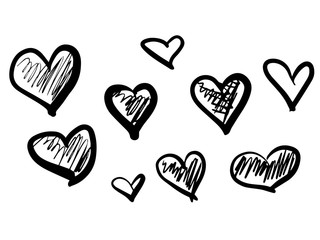 Fototapeta premium Closeup set of doodle grunge hearts isolated on white background. Set of stylish signs. Unique design elements. Black and white vector illustration for your graphic design. eps 10