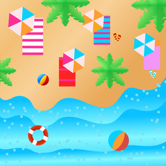 Sea panorama. Beautiful summer beach background, summer accessories on sandy beach. Beautiful palm branches.