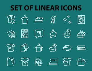  Simple set of washing related vector line Icons. Contains icons such as washing machine, powder, laundry, dirty t-shirt and much more. On a white background, editable stroke. 48x48 pixels perfect