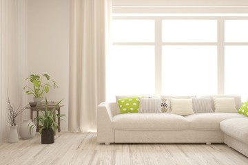 White living room with sofa. Scandinavian interior design. 3D illustration
