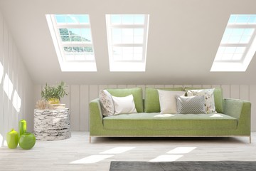 White living room with sofa. Scandinavian interior design. 3D illustration