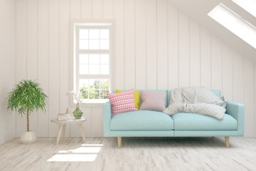 White living room with sofa. Scandinavian interior design. 3D illustration